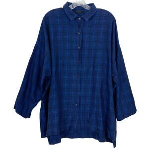 NWOT BLANQUE Shirt Tunic O/S Plaid Long Sleeve Slit Side Button Cotton Tencel